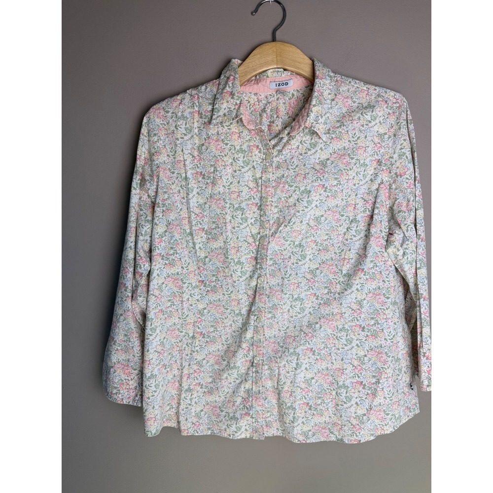 IZOD Women Pastel Floral Button Down Shirt Long Sleeve Cotton Blend Large